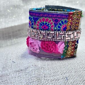 OOAK Wide Cuff Bracelet Fabric Bohemian Multicolor Embellished Handmade Artisan